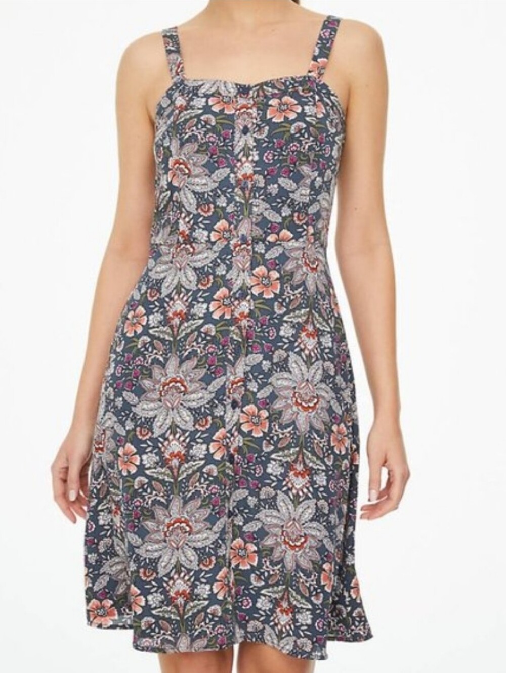 LOFT Gray Floral Paisley Button Front Sleeveless Midi Dress Size 14
